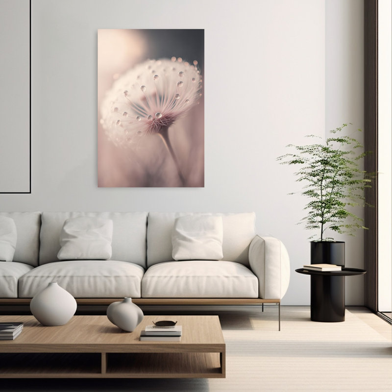 Affiche murale abstraite minimaliste représentant un paysage floral avec des gouttes de rosée murmurées, H 60 po x l 40 po