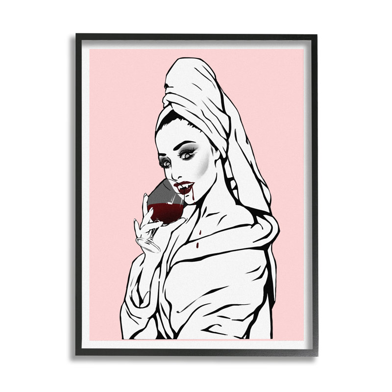 " Pink Vampire Fashionista Drinking Wine " by Ziwei Li, 30" H x 24" W x 1.5" D, Midnight Black Framed Giclee