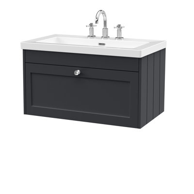 Old London Ashwick Satin Soft Black 800mm  Wall Hung 1-Drawer Unit with Basin 3 TH