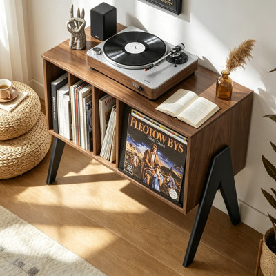 Support pour tourne-disque avec armoire de rangement en vinyle, console à plateau tournant de style moderne Mid-Century de 32 pouces pour étalage d'albums, bibliothèque audio robuste pour haut-parleurs et chaîne stéréo, bois de noyer noir