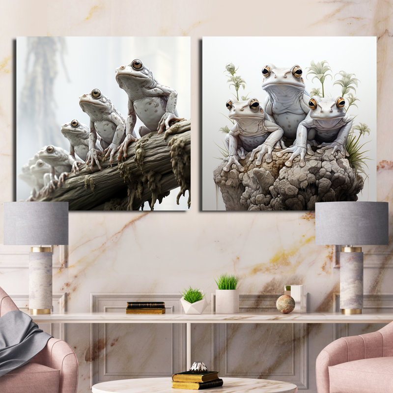 Minimalisme Frog Family Harmony - Ensemble de 2 collages carrés grenouilles et crapauds, Toile tendue, H 30 po x l 61 po