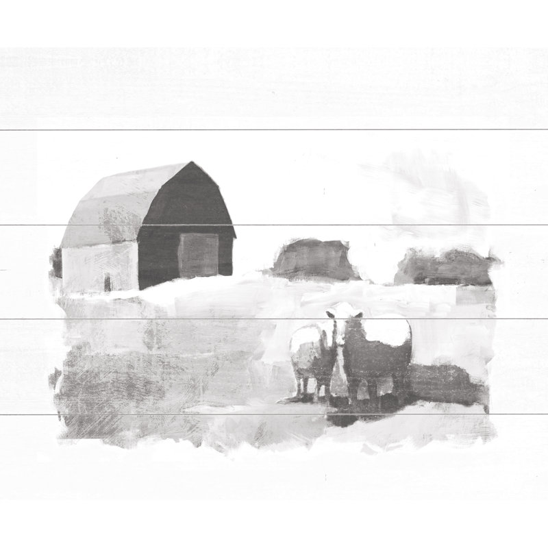 Barn and Animals Black and White Slats - Painting Print, 61cm H x 91cm W, Black Floater Framed