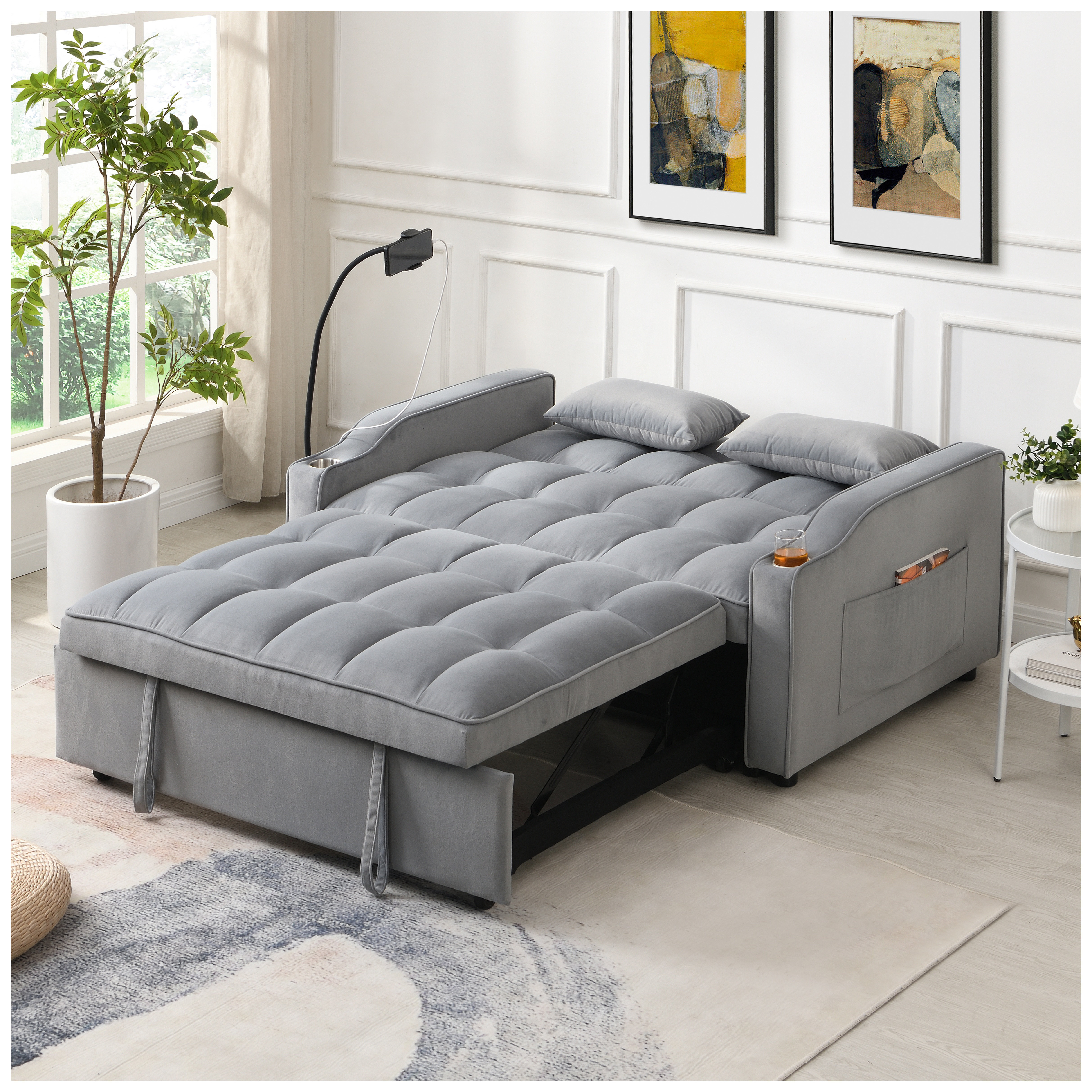 Latitude Run® Modern Dark Grey Velvet Convertible Sleeper Sofa with USB ...