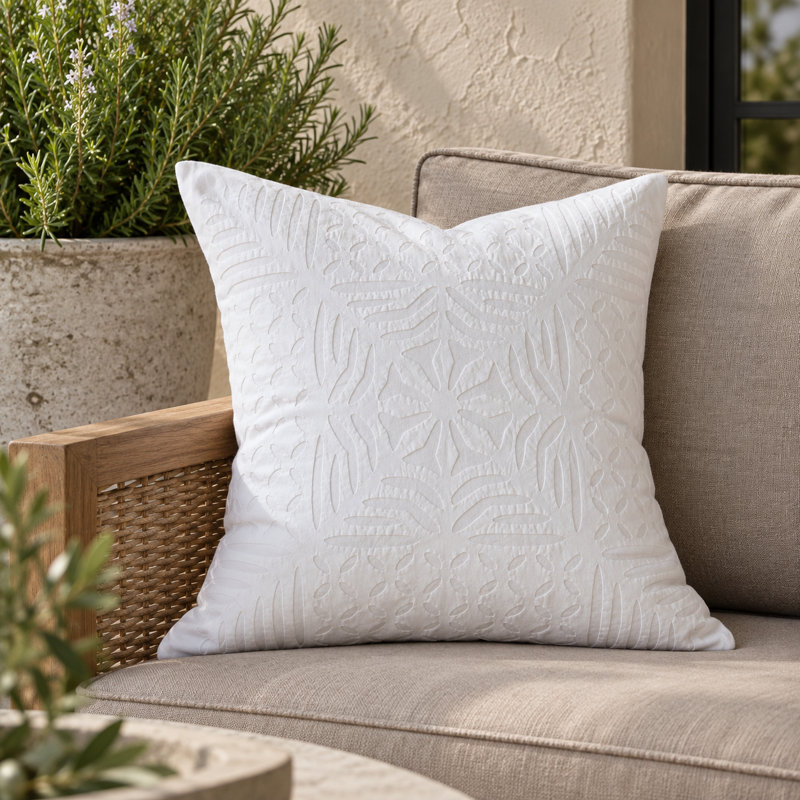 White Geometric Floral Appliqué 100% Cotton Decorative Pillow Cover, White