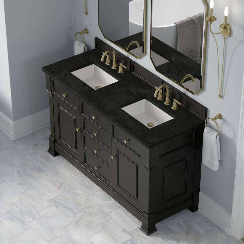 Meuble-lavabo double 60 po avec dessus Brookfield, Noir onyx, Phantome Eclos, À entraxe