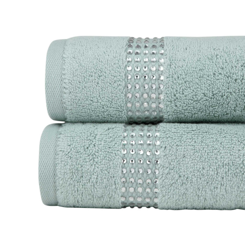 Sparkles Home Stripe Rhinestone Hand Towel Set of 2 | 100% Turkish Cotton Terry | Machine Washable, Aqua Blue