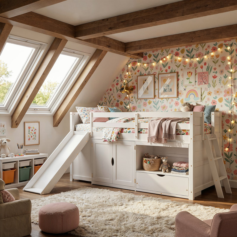 Slide Wood , Storage, Twin Size Loft Bed For Kids – Safe Wooden Frame With Cabinet & Drawer