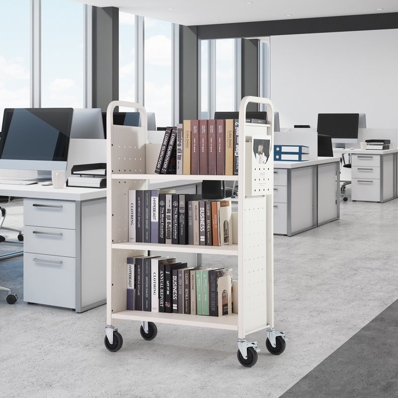 White Carbon Steel Rolling Library Book Cart with Lockable Wheels