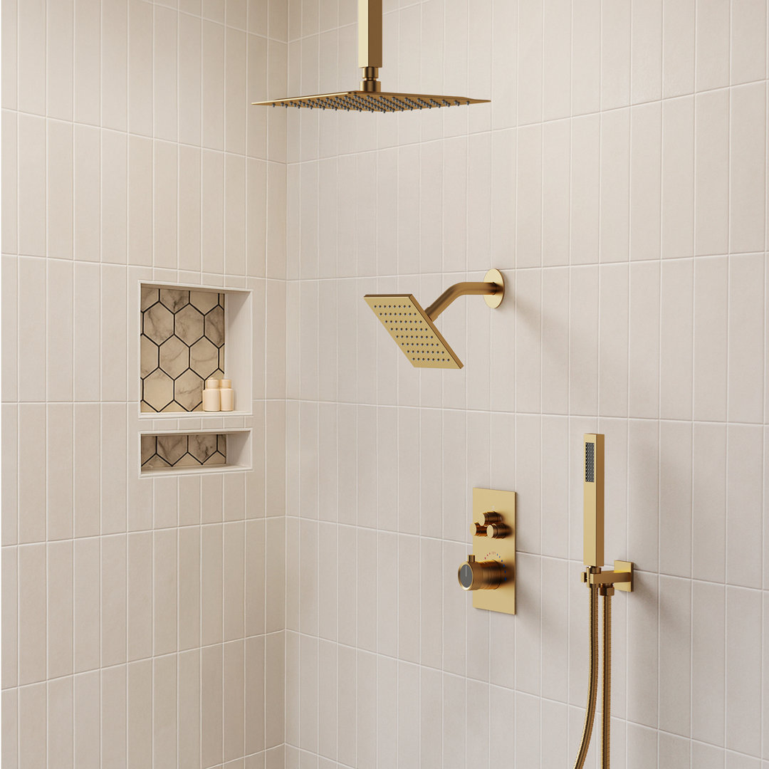 Ceiling Mount 12" High-Pressure Rainfall Shower Faucet, Dual Rainfall Shower Head System with Thermostatic Valve EVERSTEIN 