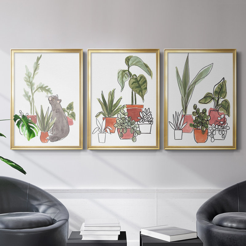 Toile encadrée de qualité supérieure Purrfect Plants IV - prête à être accrochée, Cadre doré, H 42,5 po x l 61 po x P 2,5 po