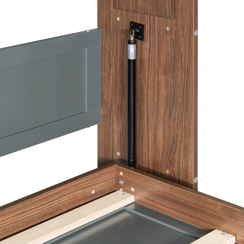 Lit double avec espace de travail intégré, finition grise, idéal pour les petits espaces locatifs, transition sans heurt entre le bureau pliable de productivité, esthétique, chambres d'amis convenables
