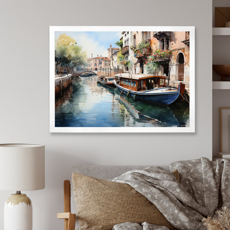 «Beige Canal Watercolor Whimsy I», reproduction sur toile, Cadre flottant doré, H 30 po x l 40 po x P 1,5 po