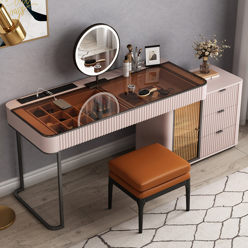 Dressing Table with Mirror, Pale Pink//Grey, 53.1" W x 23" D x 29.5" H