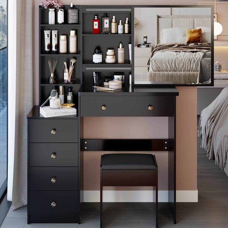 37-inch Left Bedside Vanity Table With Cushioned Stool And Large Sliding Mirror, High Capacity Storage, American Design, Black For Middle Spaces Stool, 24x22
