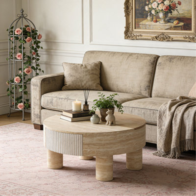 Table basse ronde avec plateau rabattable et compartiment de rangement caché