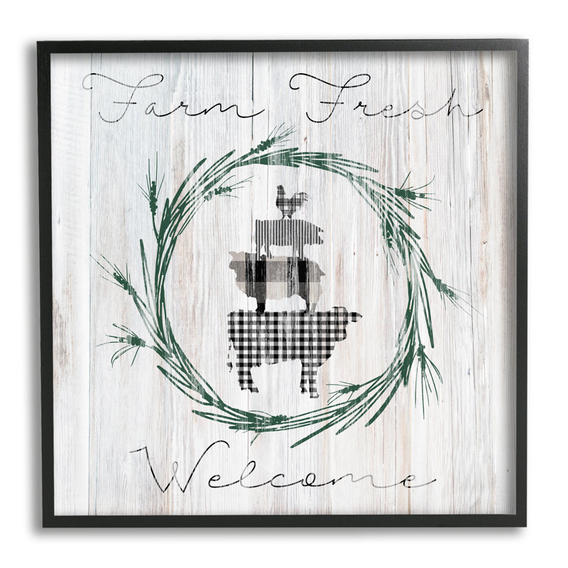 «Farm Fresh Welcome Sign Tartan Cow Laurels» par Carol Robinson - impression, H 12 po x l 12 po x P 1,5 po