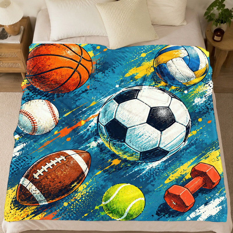 Couverture en patchwork à motifs de ballons de sport (1 pièce) - Design vibrant ; expression artistique. Parfait pour les passionnés. Accessoire de sofa et de literie. Décoration pour le salon et la chambre. Confort et détente assurés. Idée-cadeau idéale. Articles de literie et de canapé.