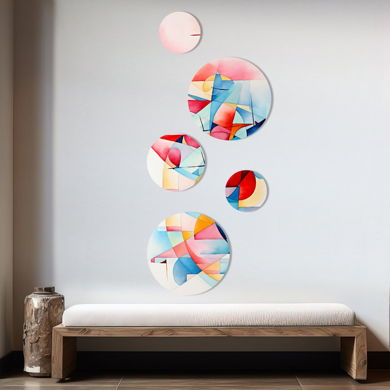 Cubic Soft Colors Tiles I - Ensemble d'art mural rond géométrique de 5