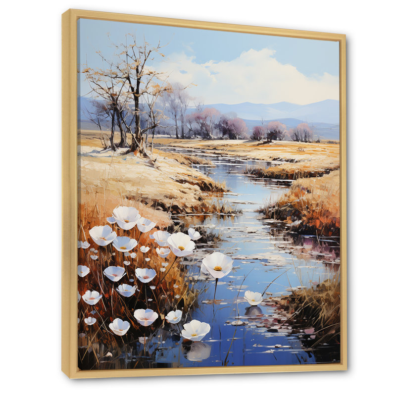 Countryside Small River Reverie, reproduction d'art sur toile encadrée, H 44 po x l 34 po x P 1,5 po, Cadre naturel flottant