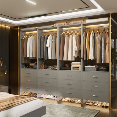 Bestar Florence113w X 61D Modular U Shaped Walk-In Closet System With LED Lights, Rods, Shelves, Drawers, And Doors, Shaker Style