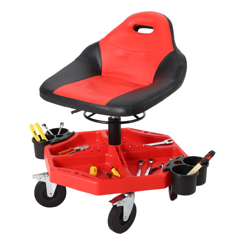 Tabouret roulant réglable en hauteur avec roues pivotantes verrouillables, siège de mécanicien d'une capacité de 300 lb avec coussin et plateau à outils