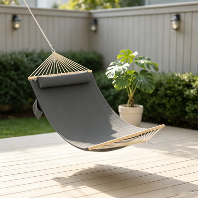 Double Quilted Fabric Hammock with Spreader Bar & Detachable Pillow – 350 cm Two-Person Outdoor Swing Bed, 450 lbs Capacity for Patio, Backyard, Poolside Relaxation