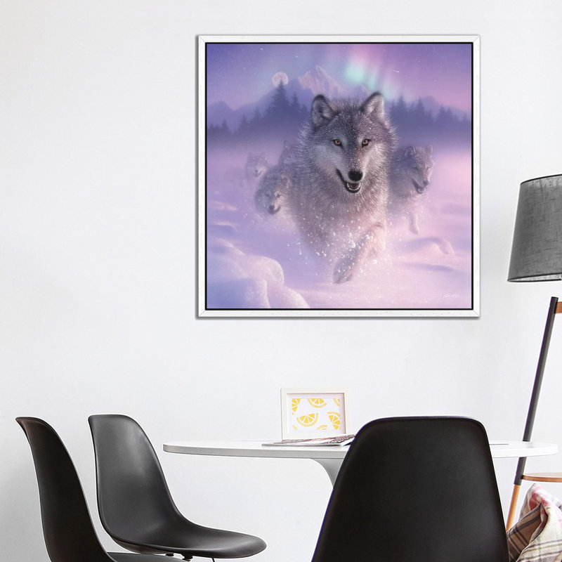 Northern Lights - Running Wolves by Collin Bogle - Print on Canvas, White Framed Canvas, 93.98 cm H x 93.98 cm W