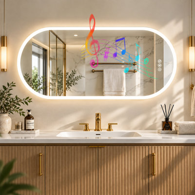 48" x 24" Large LED Bathroom Mirror with Bluetooth Dual Speakers for Vanity & Primary Bath, 3-Color Dimmable Light, Anti-Fog, Memory & Smart Touch
