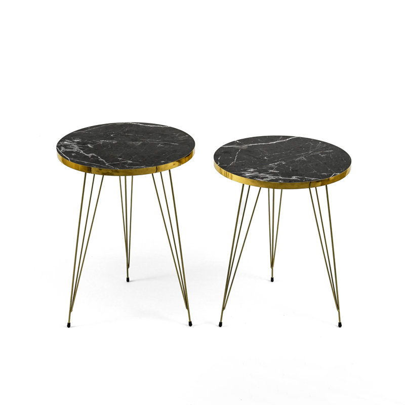 Marble-Look Side Nesting Tables Modern End Tables Set of 2 with Gold Legs, Black