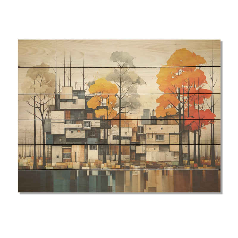 Maison de campagne cubique De Stijl - Forêt, art mural sur bois de pin naturel, H 30 po x l 40 po