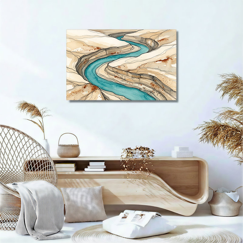 «Curving Teal River Through Tan Canyon Strata Layers», art mural, 24"H x 36"W