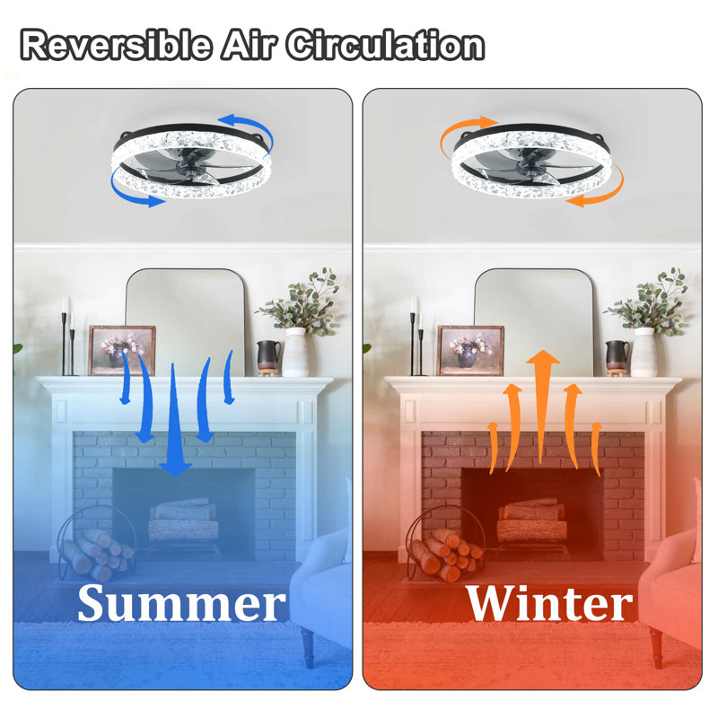 19" Black Frame Iceberg Bedroom Fan Light With Remote Control, Dimmable, 7 Blades, Reversible DC Motor, With LED Light, Black