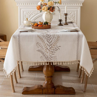 Rustic Waterproof Linen Tablecloth, Heavy Weight Fern Embroidery Table Cover For Rectangular Tables, Farmhouse Spill-Proof Tassel Tablecloth, Coffee, 55''X120''