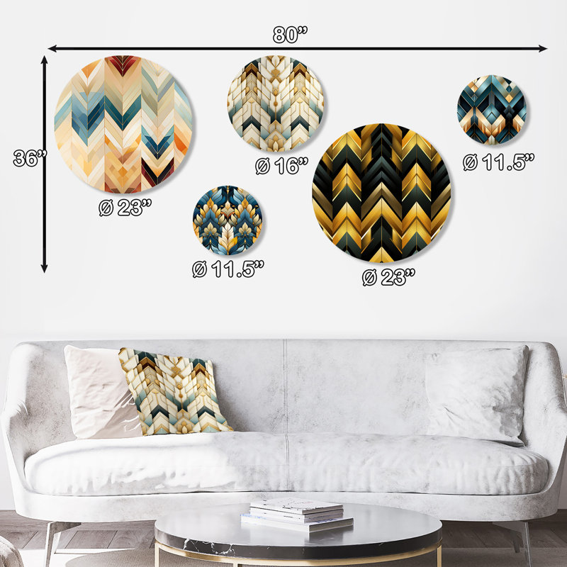 «Roselare Chevron Mosaic Fusion I», ensemble d'art mural rond à chevrons glam 5 pièces