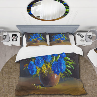 Nature morte un bouquet de fleurs sauvages bleues - ensemble de housse de couette traditionnel - microfibre de polyester