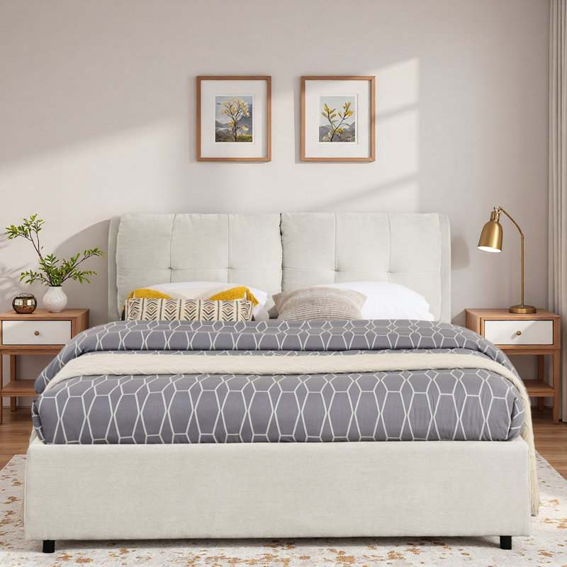 Lit plateforme en chenille avec système de rangement hydraulique et tête de lit tapissier, Beige, Grand lit
