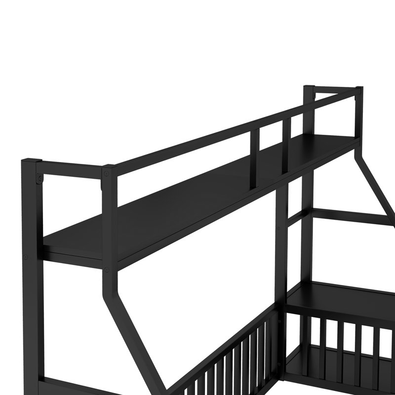Structure de lit double avec clôture de sécurité, lit en métal avec bureau et tablettes de rangement, maisonnette pour enfants, noir