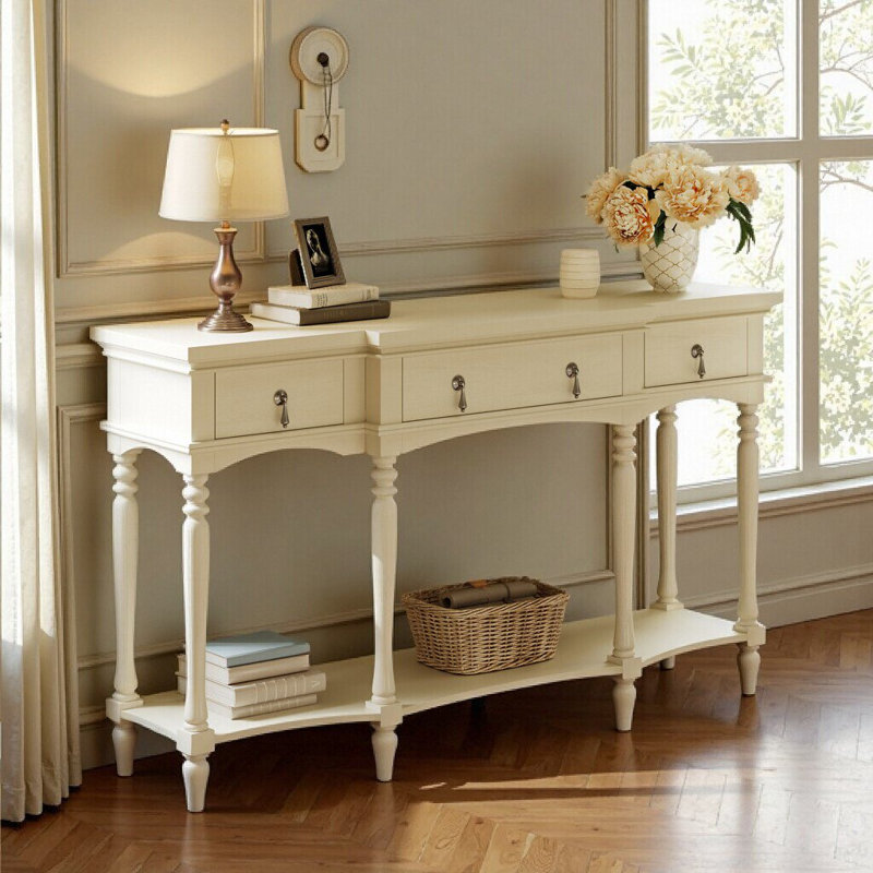 Console UnaLuz avec 3 tiroirs à fermeture en douceur et tablette inférieure, structure en bois massif, pieds romains, Blanc