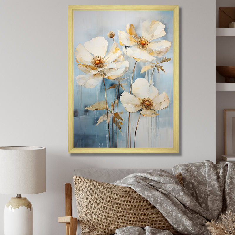 Minimalisme renoncules sur fond bleu sur toile, Cadre doré simple, H 32 po x l 16 po x P 1 po