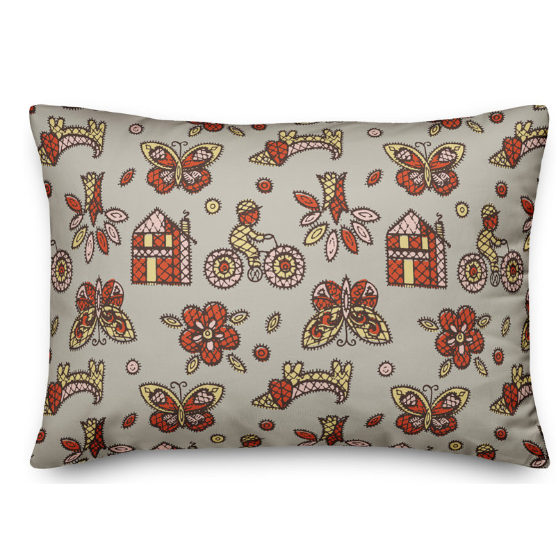 Coussin Whimsical Folk, Rouge / Gris / Jaune