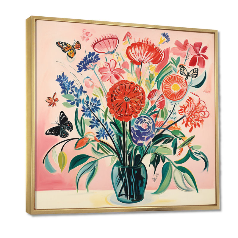 Fleurs sauvages dans un vase Illustration rétro - Bouquets assortis, art mural, salon, Toile avec cadre flottant or