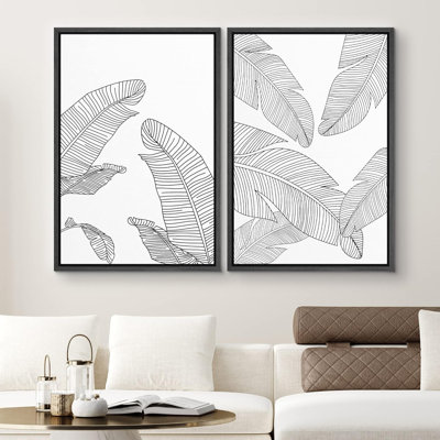 " Banana Leaf Array Floral Plants Illustrations Modern Art Panoramic Black And White " 2 - Pieces