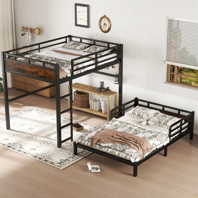 Lit superposé double au-dessus de double / lit mezzanine en métal et lits plateforme en métal, avec barrière de sécurité surélevée