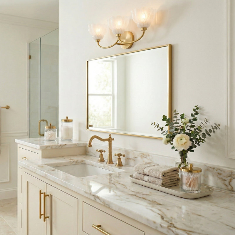 Éclairage pour salle de bain 3 lumières Whitecap, Blanc, Or brossé, Trois lumières