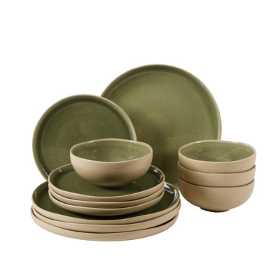 Gibson Elite Manila Bay 12-Piece Stoneware Dinnerware Set, Service for 4, Reactive Glaze Modern Artisan Plates & Bowls, Green, Round Design