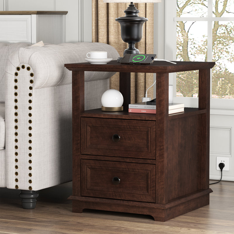 Azella Frame 2 End Table Set with Storage and Built-In Outlets, Cherry Top/Cherry Base