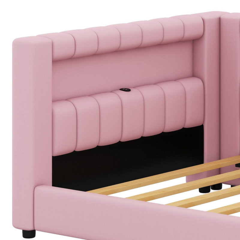 Structure de lit rembourrée avec éclairage DEL et ports USB, Simple extra long, Rose