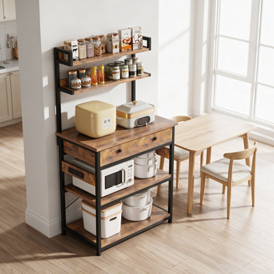 Étagère de boulanger avec prises de courant, support de four à micro-ondes avec tiroirs, tablettes de cuisine robustes, table basse avec rangement, style campagnard rustique