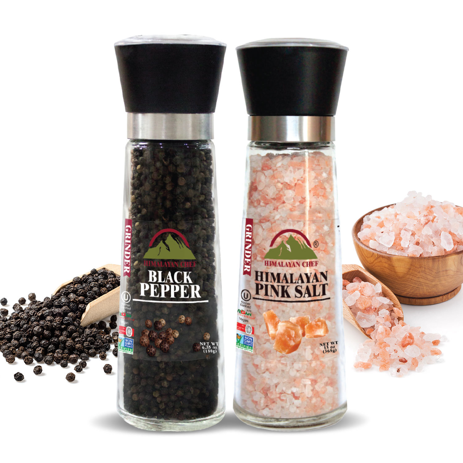 Grind Salt-Pepper Grinder Set of 2, Stainless Steel Refillable Salt & Peppercorn Shakers 7 Tall Acacia Wood