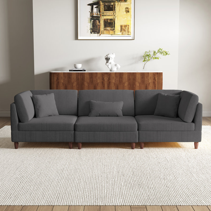 3 - Piece Upholstered Gray Corduroy Modular Sectional with Pillow Back and Solid Wood Legs, Gray